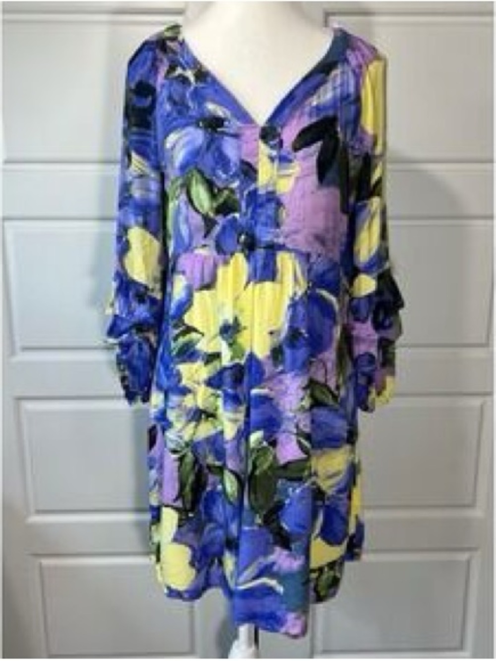 fig and flower Blue Purple Yellow Floral V-Neck Tiered Mini Dress